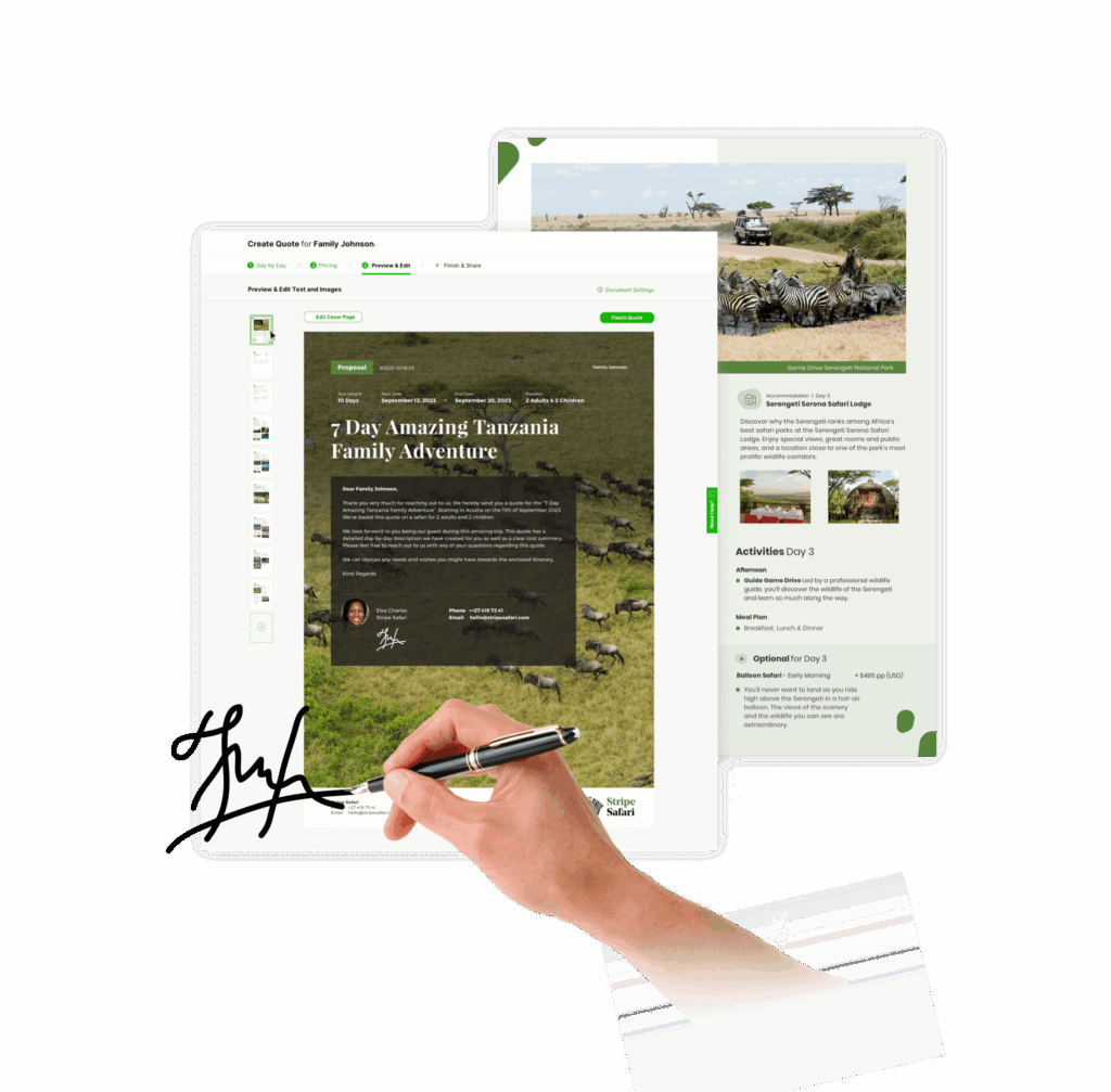 Branded digital safari itinerary for an 8-day Tanzania family trip, with a day-by-day menu and photos