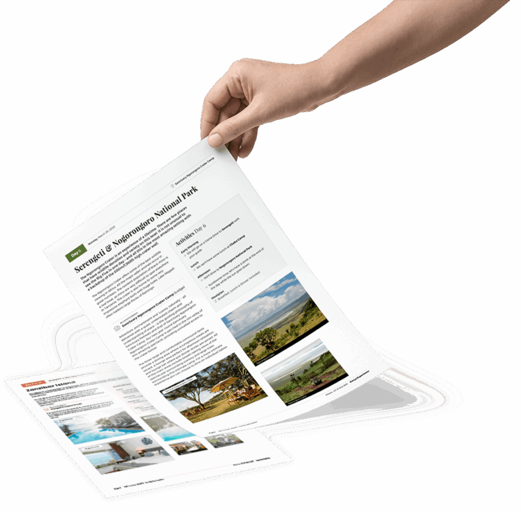 Printed safari itinerary pages with property photos and descriptions