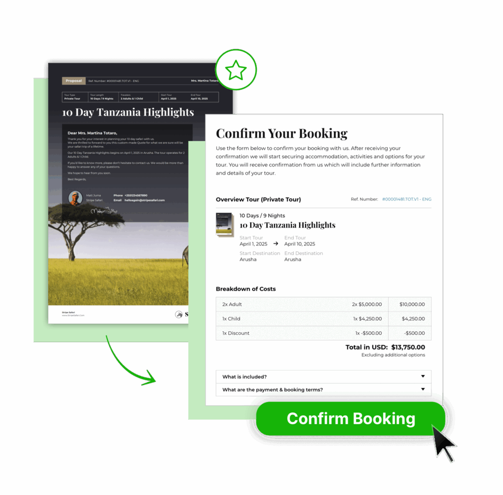 Safari quote booking screen showing a cost breakdown and a Confirm Booking button